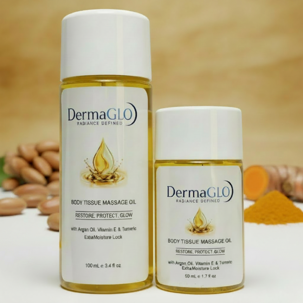 Two bottles of DermaGlo Body Tissue Massage Oil, one 100 mL and one 50 mL, with white caps and white labels showing a gold oil droplet graphic.