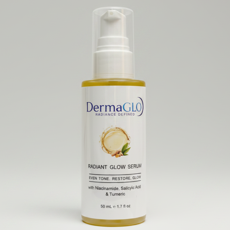 A 50 mL bottle of DermaGLO Radiance Defined Radiant Glow Serum with Niacinamide, Salicylic Acid and Tumeric, featuring a white pump dispenser and a white label with blue text and a golden-yellow serum visible inside, set against a plain white background