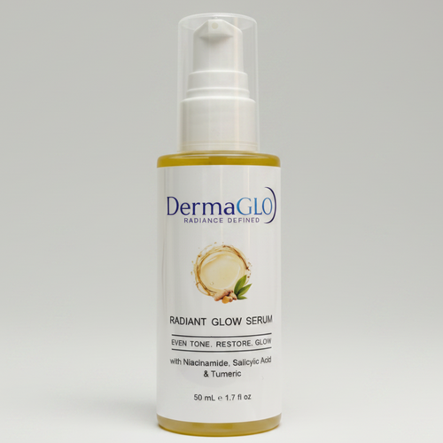 A 50 mL bottle of DermaGLO Radiance Defined Radiant Glow Serum with Niacinamide, Salicylic Acid and Tumeric, featuring a white pump dispenser and a white label with blue text and a golden-yellow serum visible inside, set against a plain white background
