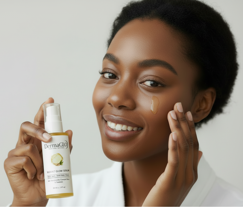 A 50 mL pump bottle of DermaGLO Radiant Glow Serum, featuring a white label with blue branding and a yellow-gold liquid visible at the top and bottom, set against a plain white background.