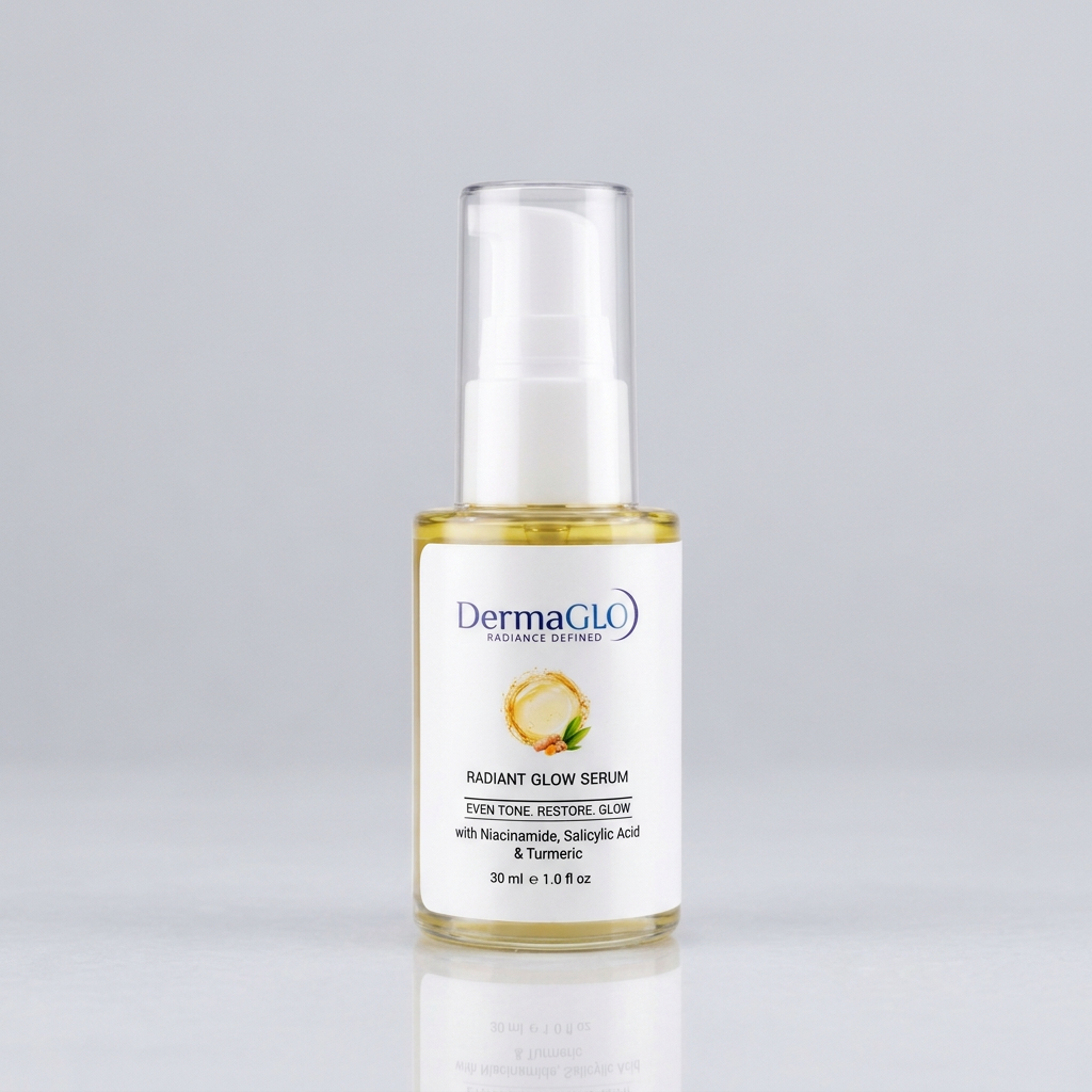 DermaGLO 30 ml bottle alone on a plain studio background without ingredients or drops