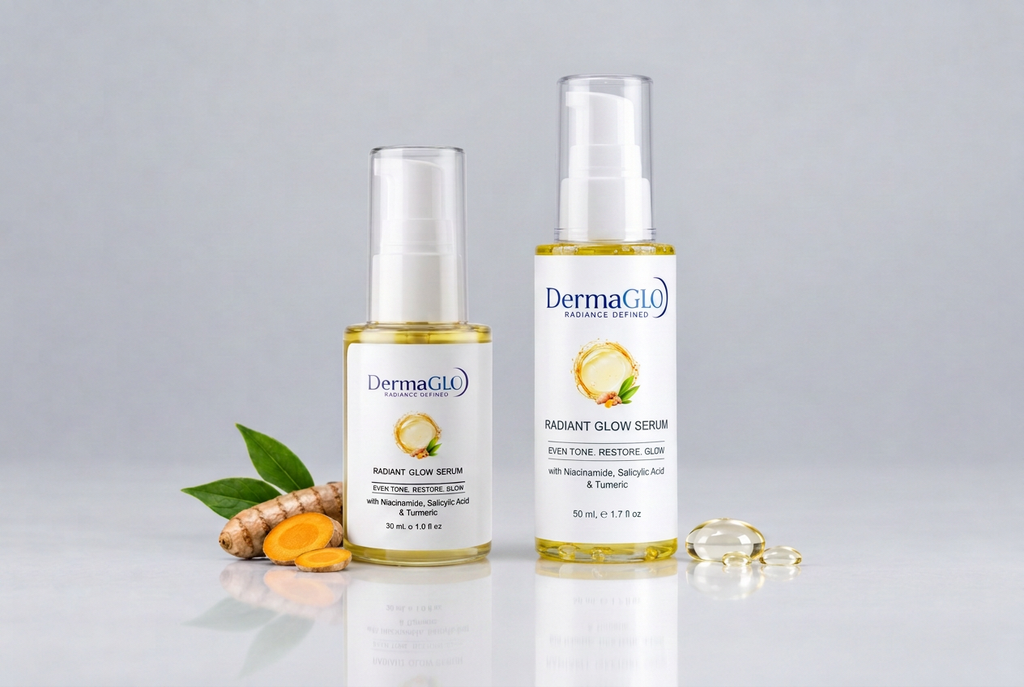 DermaGLO bottles with clear caps, turmeric on the outer side only, and golden drops